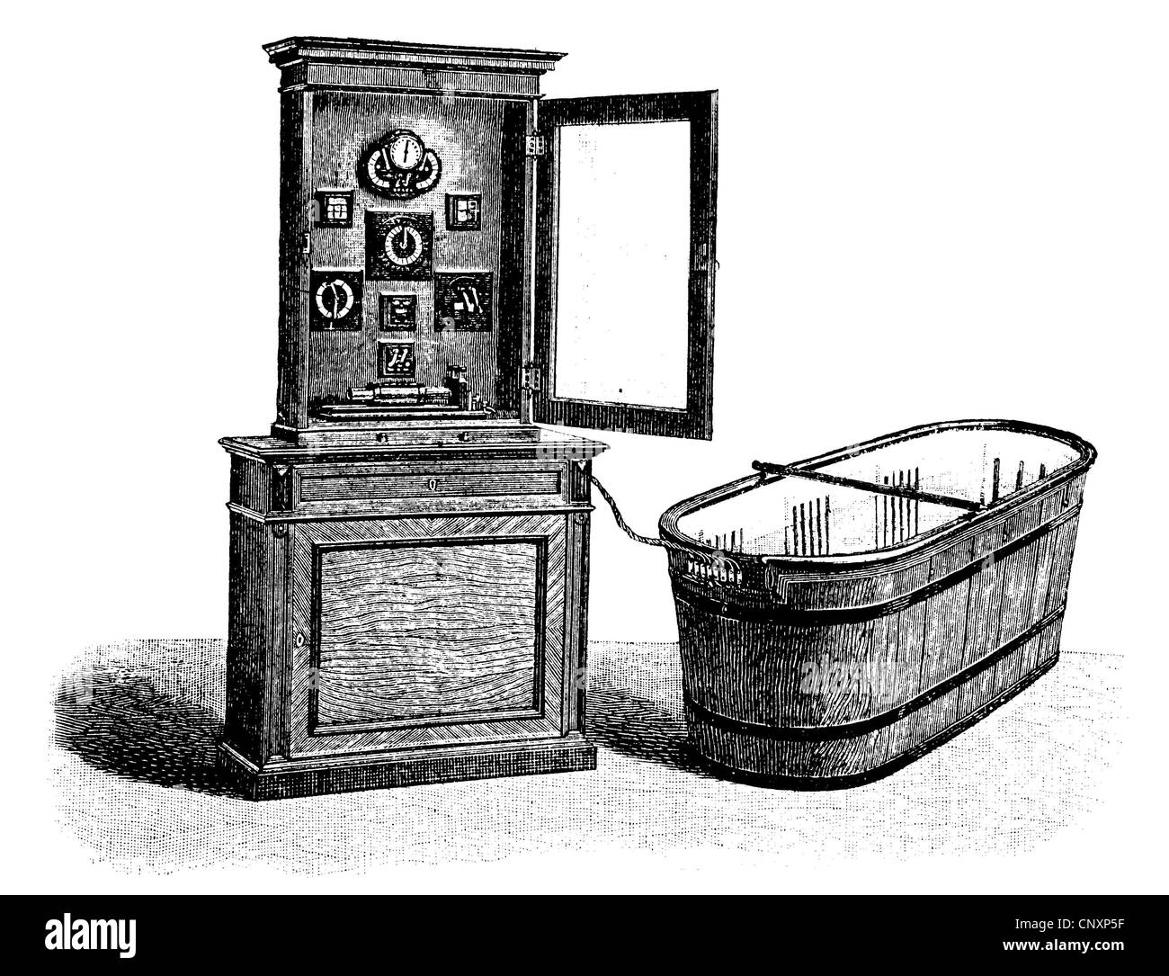 Hydroelectric bathroom cabinet with battery and power regulation equipment, historical engraving, circa 1885 Stock Photo