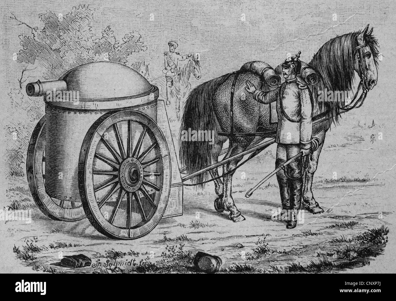 Wheeled armored turret of Hermann August Jacques Gruson, 1821 - 1895, inventor, scientist and industrialist, historic engraving, Stock Photo