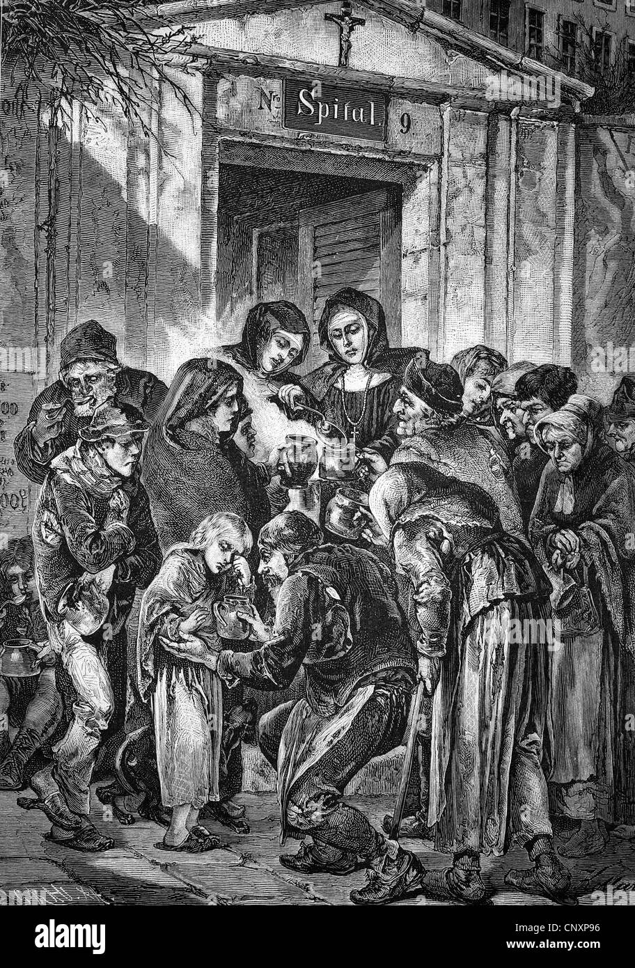 Distributing soup in front of a monastery in Vienna, Austria, historic engraving of 1883 Stock Photo