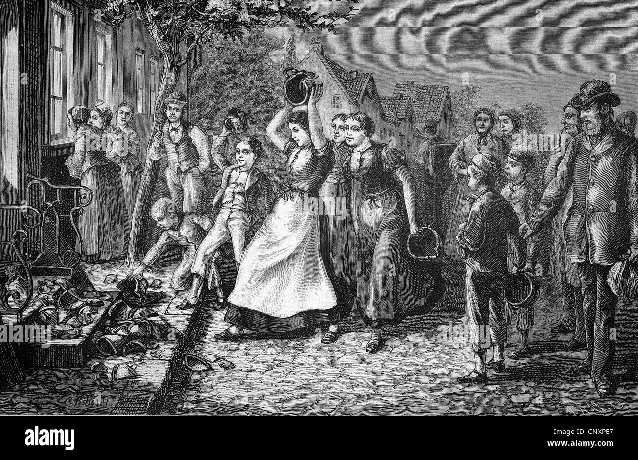 The shattering of crockery on an eve-of-the-wedding party in northern Germany, Germany, historical engraving, 1883 Stock Photo