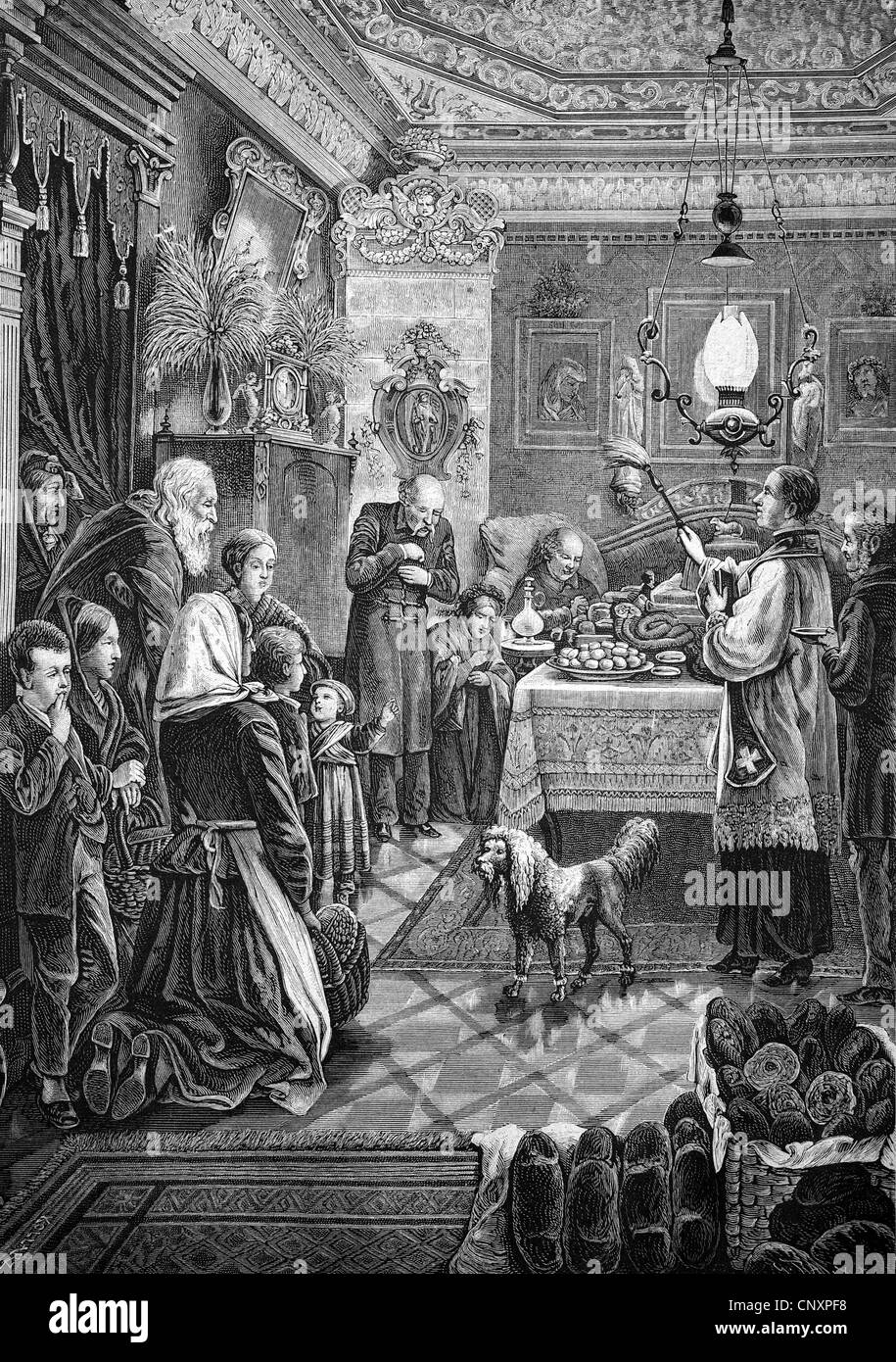 Consecration of Easter food in the house of a wealthy Pole, historical engraving, 1883 Stock Photo