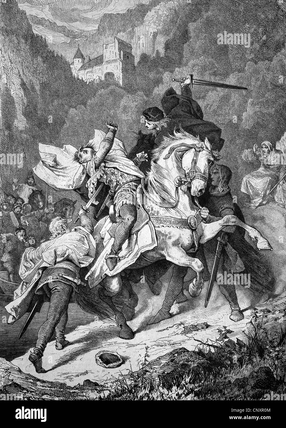 Assassination of King Albert of Austria by Johann of Swabia, Duke of Austria and Styria, called Parricida, Latin for patricide, Stock Photo