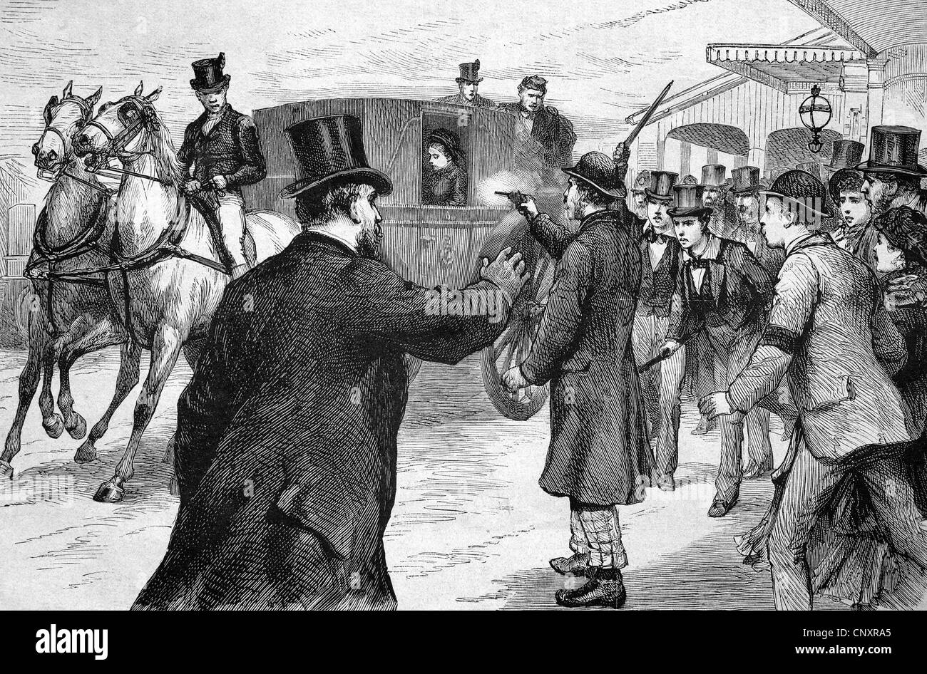 The assassination on the Queen of England in 1882, historical engraving, about 1888 Stock Photo