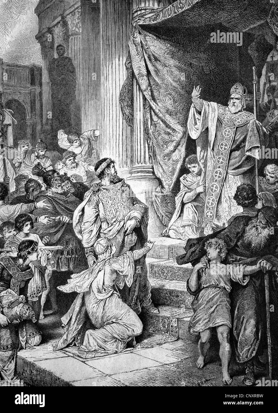 The first excommunication of a prince, Bishop Ambrose of Milan refused to let Emperor Theodosius enter the church and excommunic Stock Photo