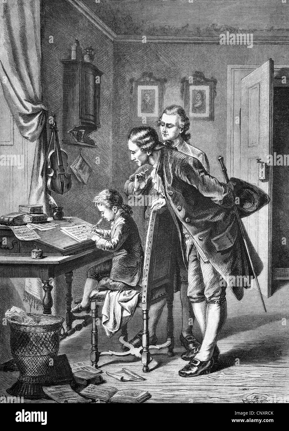Five-year-old Mozart creating his first composition, historical engraving, about 1888 Stock Photo