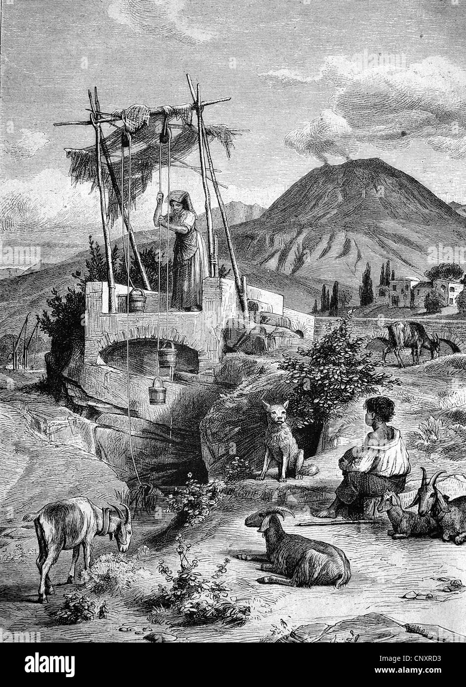 Well at the foot of Mount Vesuvius, Italy, historical engraving, about 1888 Stock Photo