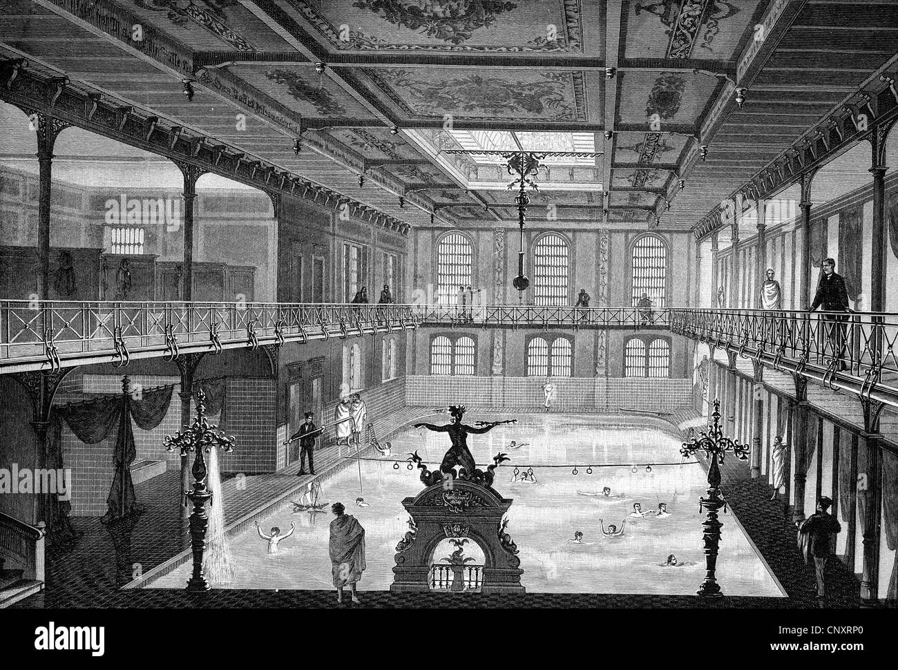 The new indoor swimming pool in Stuttgart, Germany, historical engraving, about 1888 Stock Photo