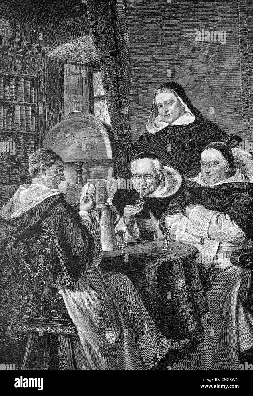 Monks drinking wine, historic engraving, 1888 Stock Photo Alamy