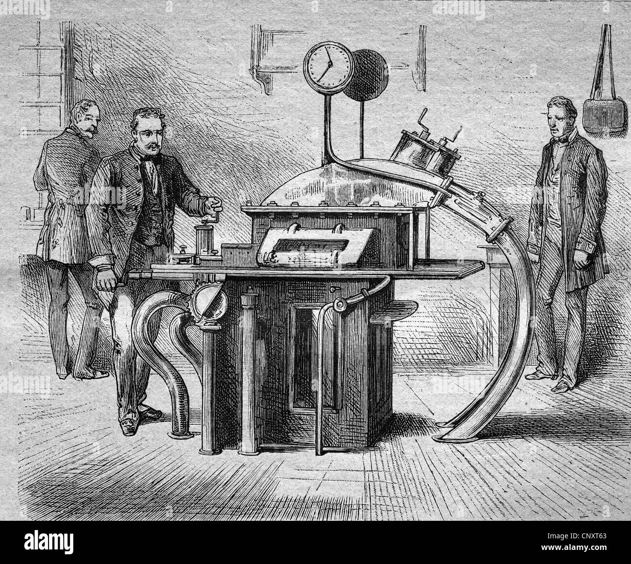 Pneumatic delivery of post in Berlin, Germany, historical engraving, 1888 Stock Photo