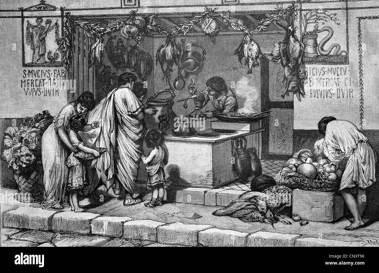 Ancient Roman shop, Rome, Italy, historical engraving, 1888 Stock Photo