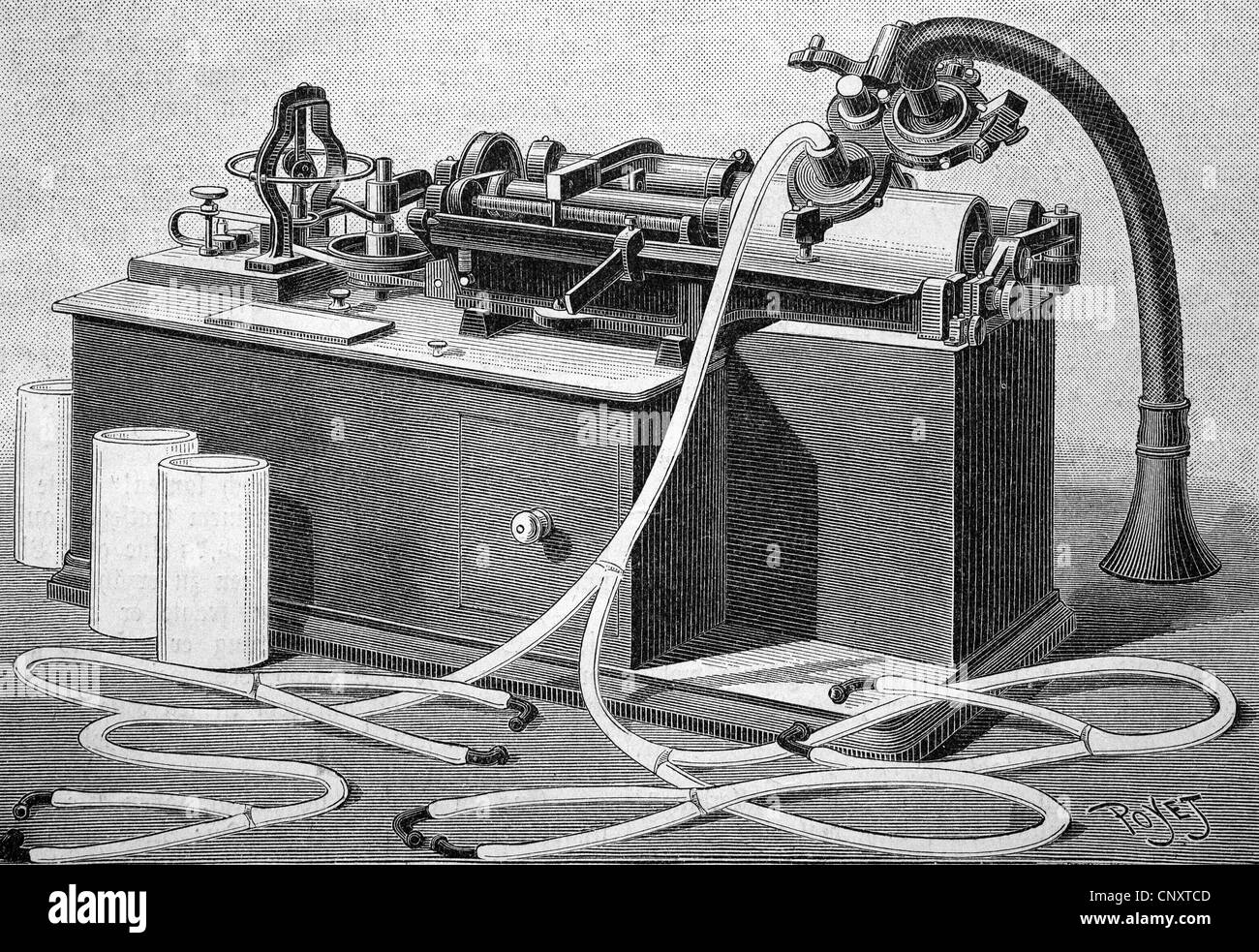 Phonograph by Thomas Alva Edison, historical illustration, wood engraving, circa 1888 Stock Photo