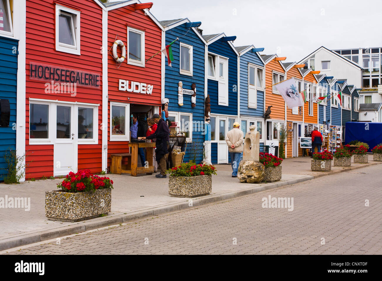 colourful row of houses at the promenade along the harbour bassin, Germany, Schleswig-Holstein, Heligoland Stock Photo