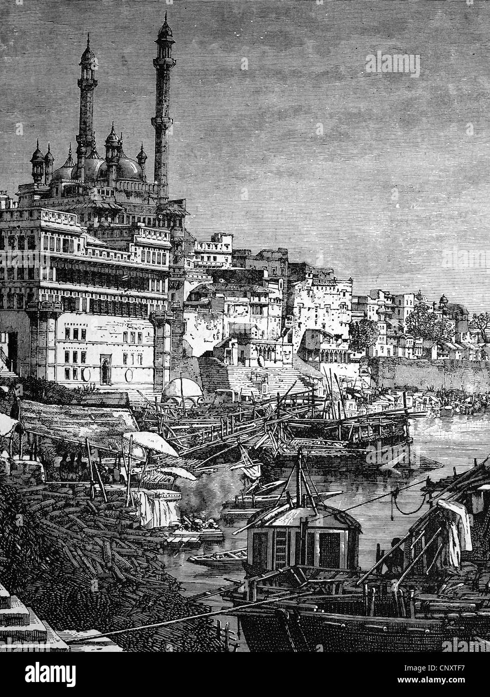 City of Benares on the Ganges River, India, historical illustration, wood engraving, circa 1888 Stock Photo