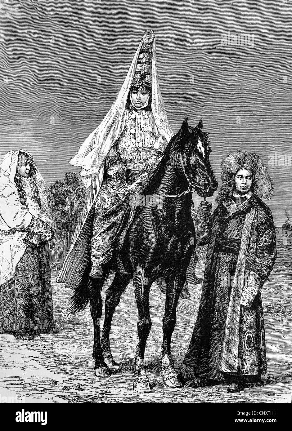 Bride in Kyrgyzstan, historical illustration, wood engraving, circa 1888 Stock Photo