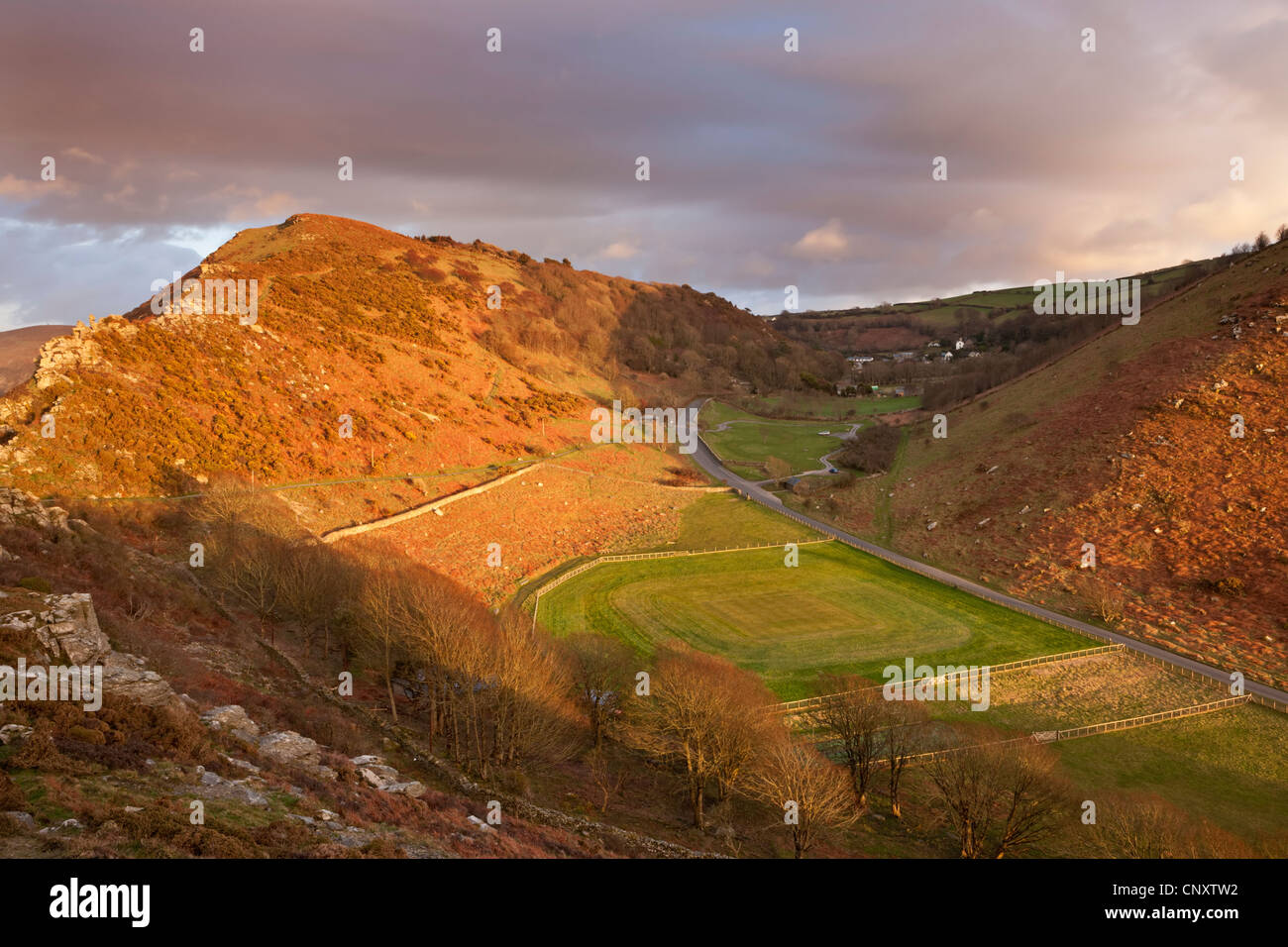 The Valley of Rocks and cricket ground, Lynton, Exmoor, Devon, England. Winter (March) 2012. Stock Photo