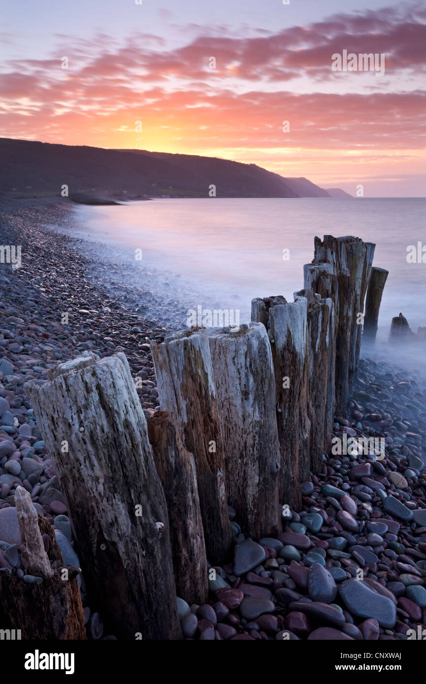 Sunset over Bossington Beach, Exmoor, Somerset, England. Spring (March) 2012. Stock Photo