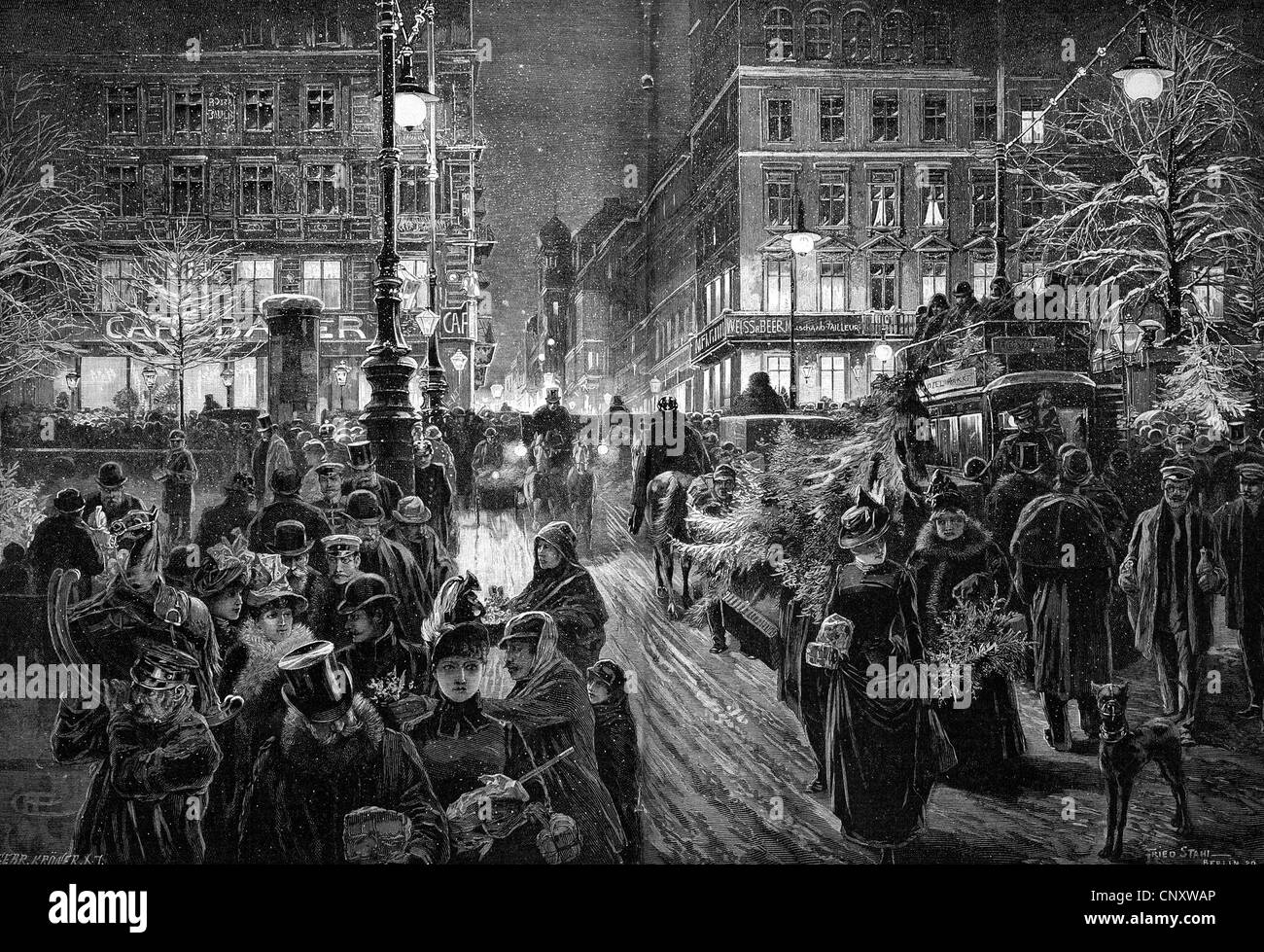 Christmas Eve on Unter den Linden in Berlin, historical illustration, woodcut, ca 1888 Stock Photo