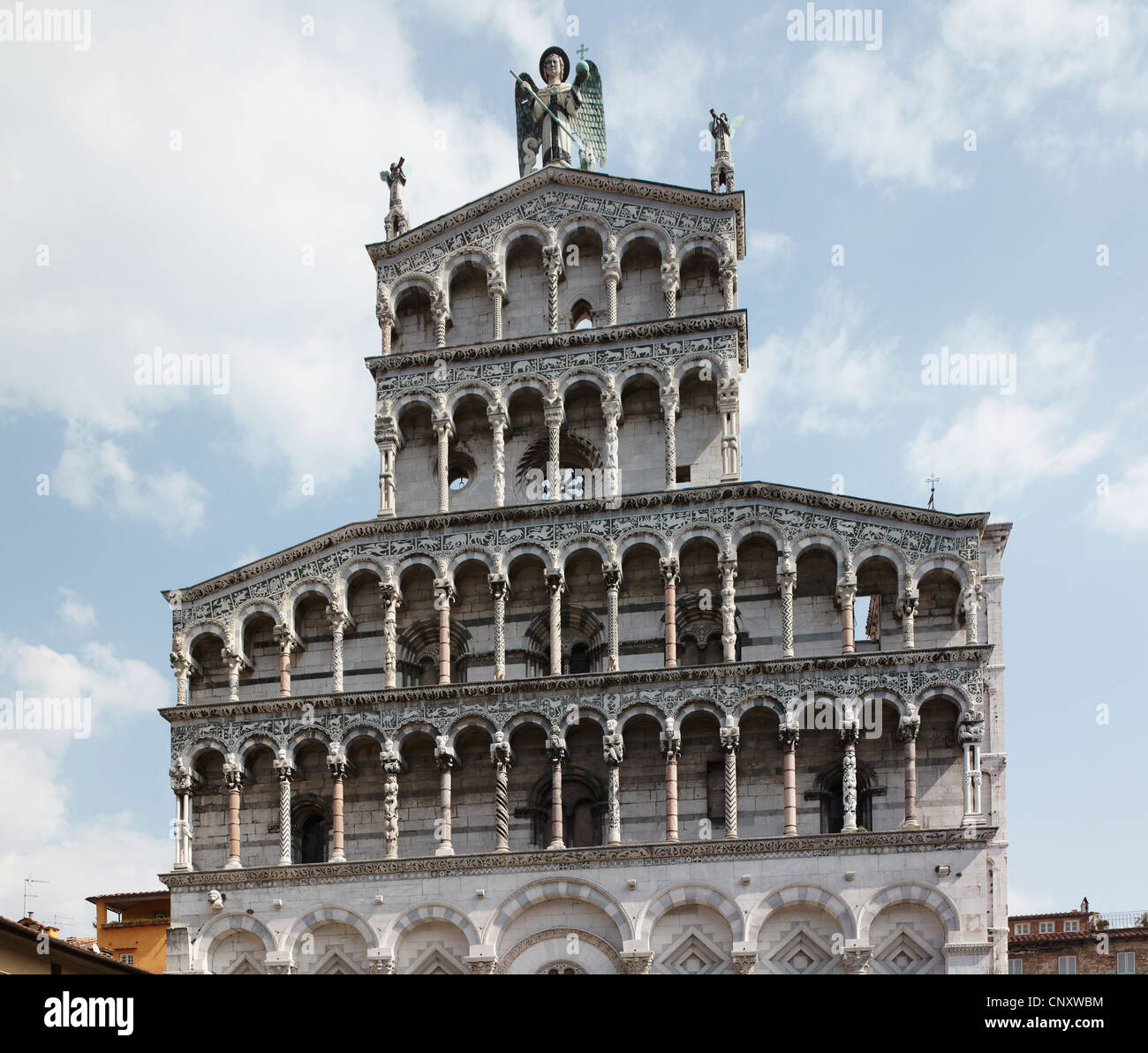 Church of San Michele, Lucca, Italy. Pisan Romanesque 12 th century. Facade of white marble Stock Photo