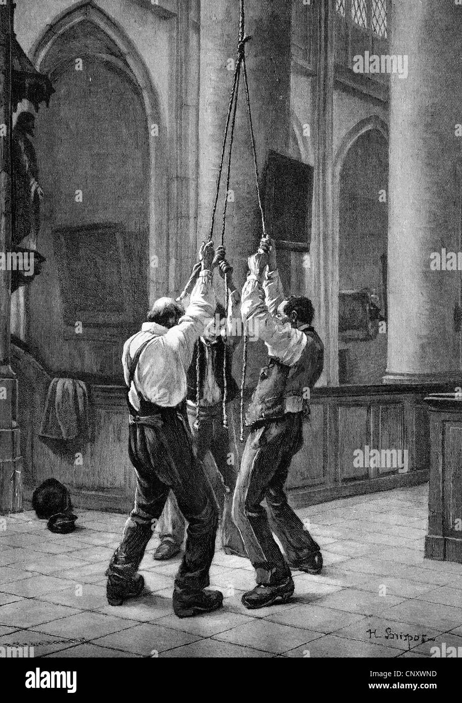 Men ringing bells, historical wood engraving, about 1897 Stock Photo
