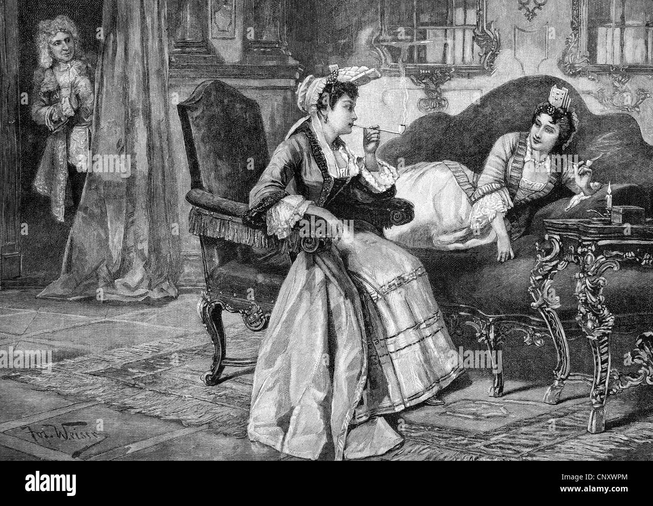Women smoking secretly, historic wood engraving, about 1897 Stock Photo