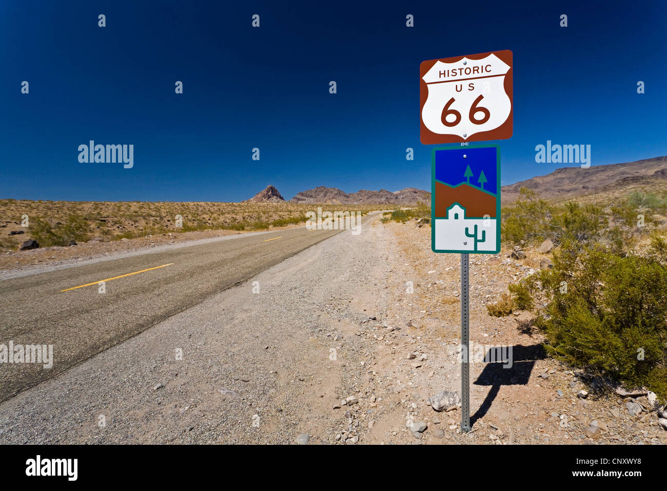 historic Route 66 and road sign, USA, Arizona Stock Photo