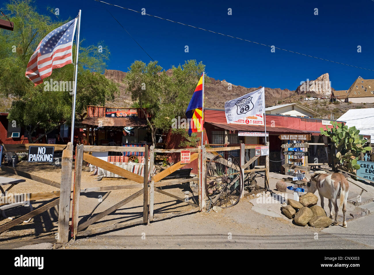 gold mining town Oatman beside historic Route 66, USA, Arizona, Oatman Stock Photo