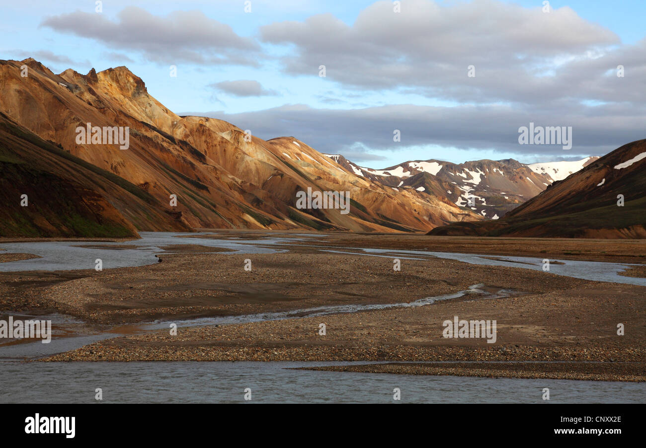 vast volcanic valley with a dendritic shallow river, Iceland, Landmannalaugar Stock Photo