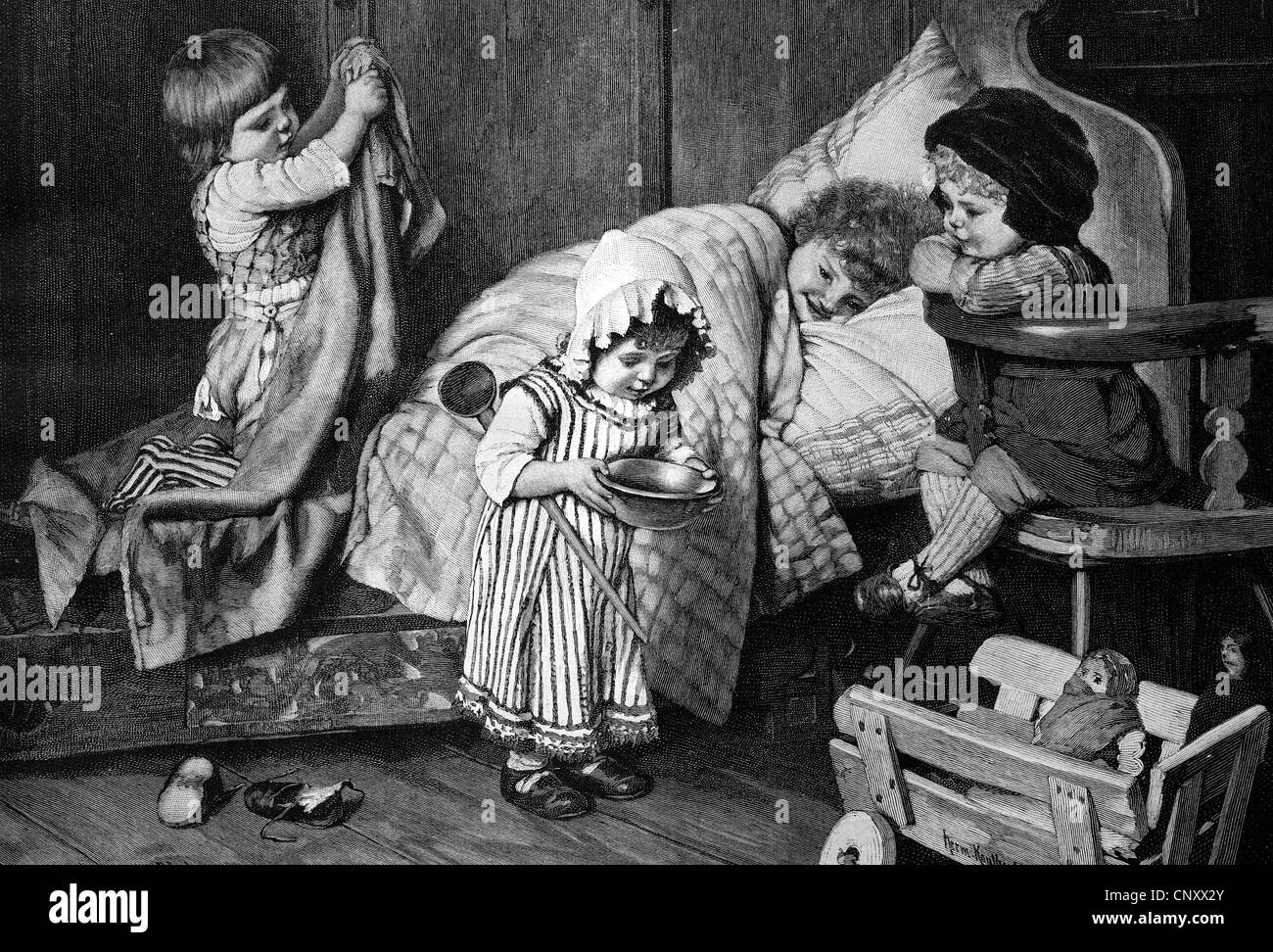 Children playing doctor and patient, historic wood engraving, about 1897 Stock Photo