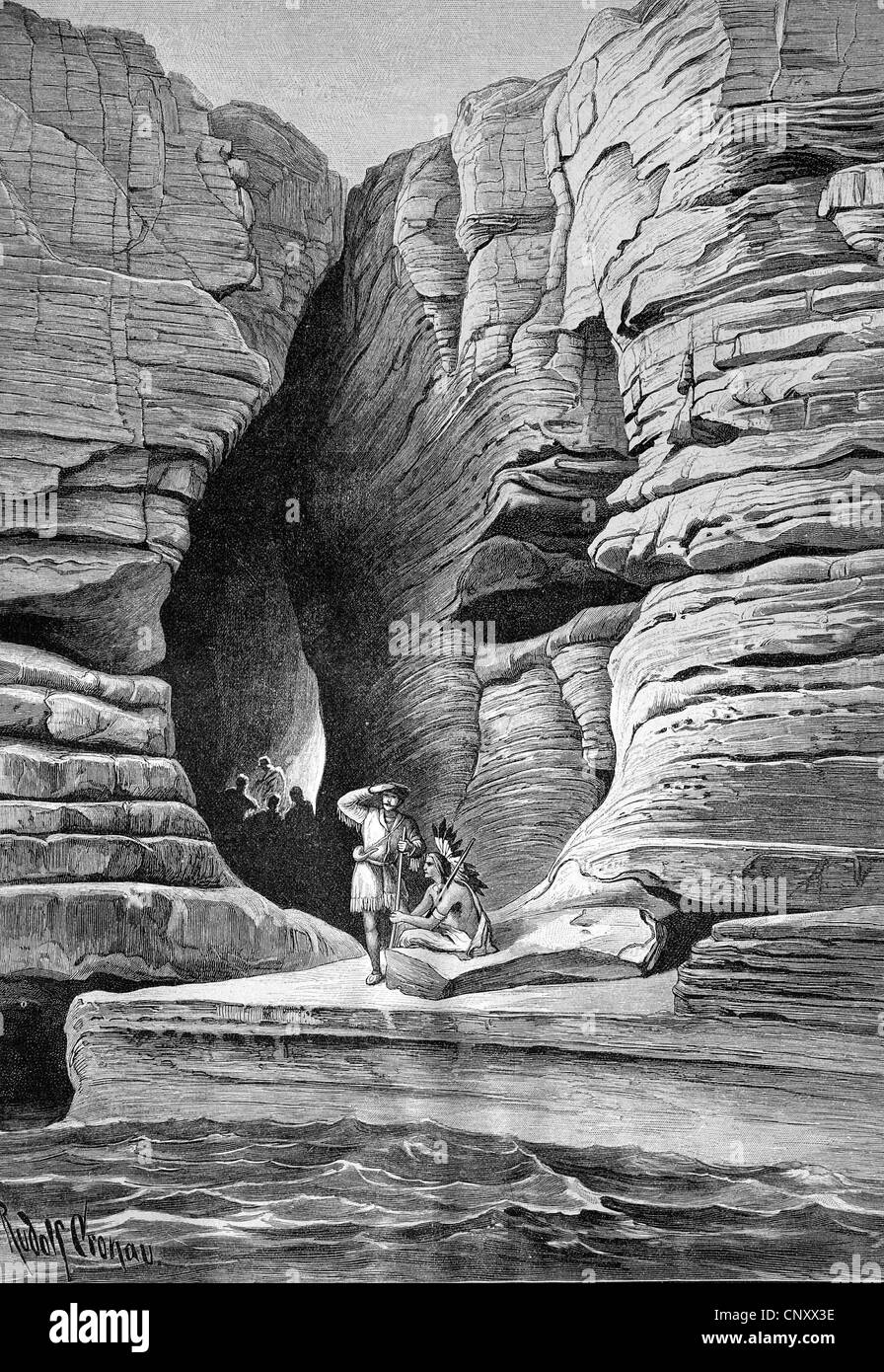 The Leatherstocking cave on Hudson island near Glens Falls, USA, historic wood engraving, about 1897 Stock Photo