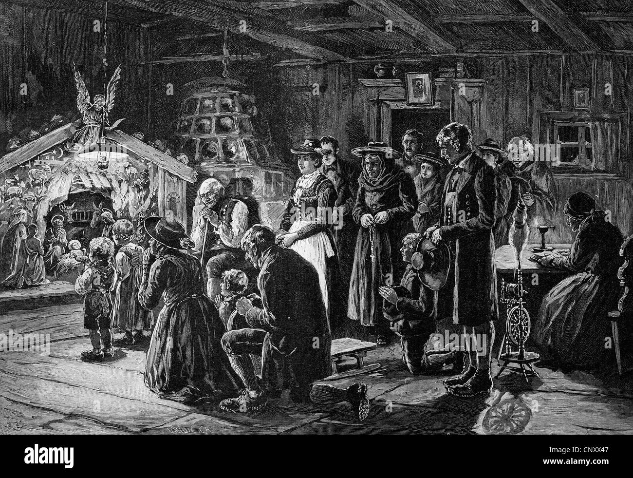 Christmas crib in Tyrol, historic wood engraving, about 1897 Stock Photo