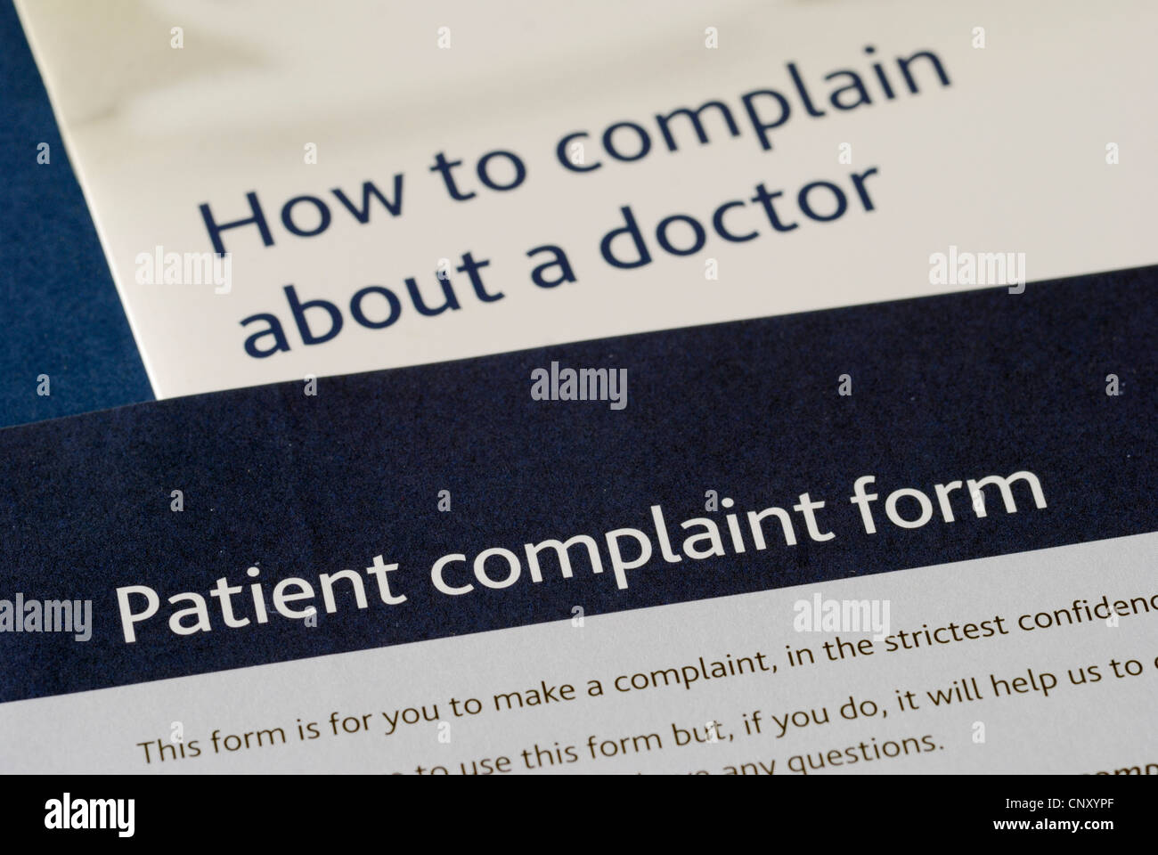 Patient complaint form and details of how to complain about a doctor Stock Photo