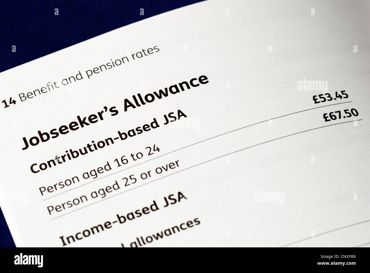 UK government leaflet showing Jobseeker's Allowance benefit rates Stock Photo