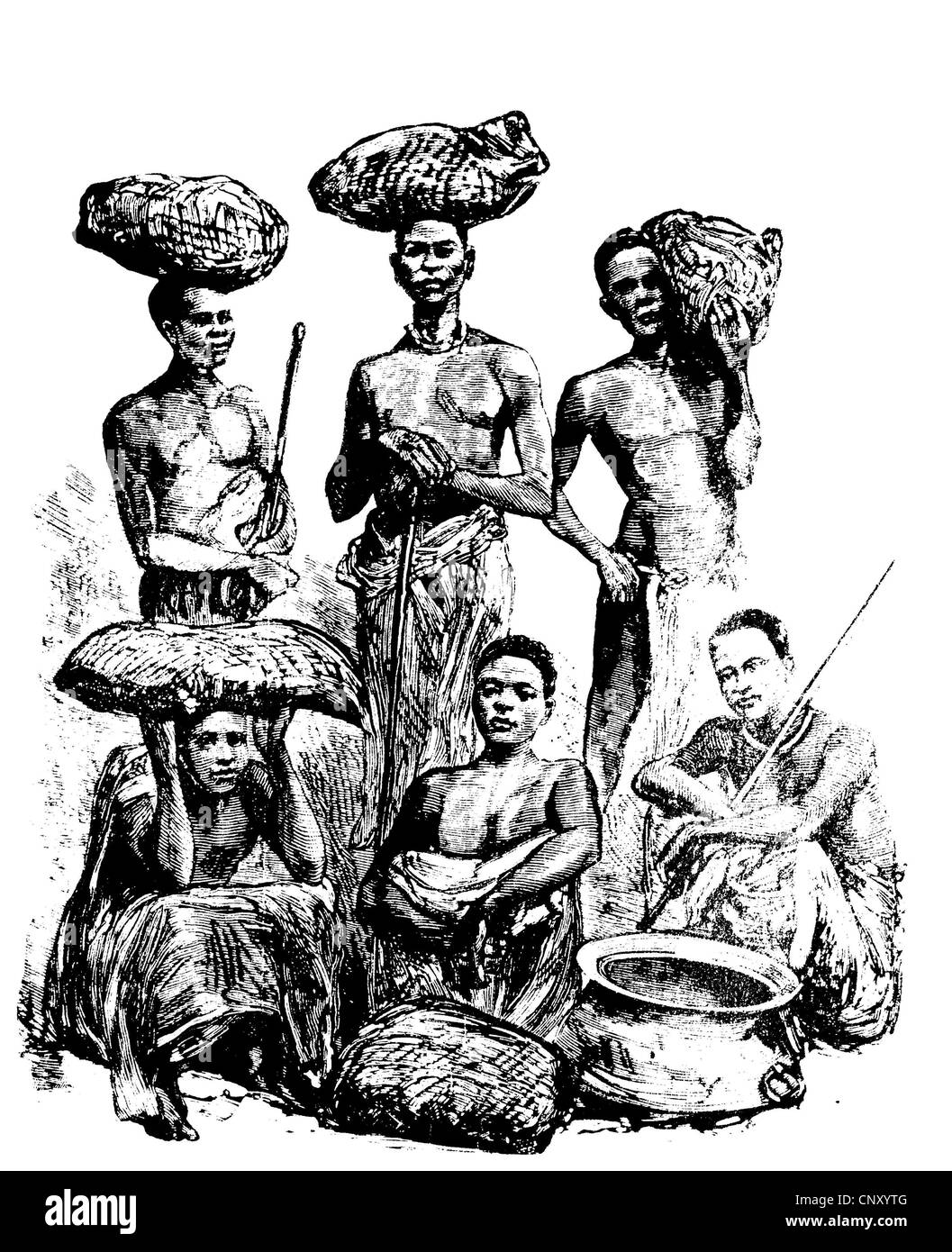 Native burden bearers during an expedition in the congo Black and White