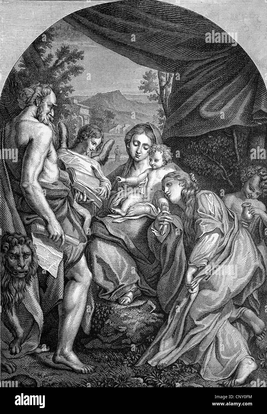 Madonna with St. Jerome, engraving after a painting by Correggio, historical woodcut, circa 1888 Stock Photo