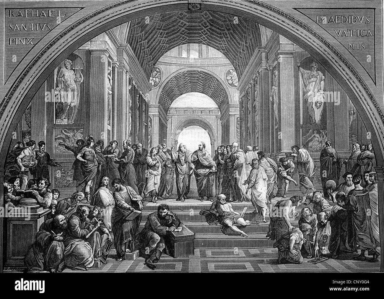 The School of Athens, 1510, engraving after a painting by Raphael, historical woodcut, circa 1888 Stock Photo