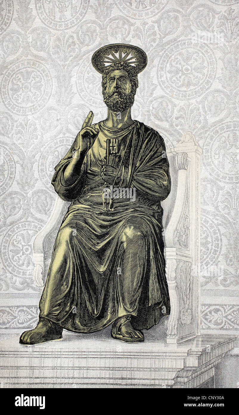 Statue of St. Peter in St. Peter's Basilica in Rome, Italy, historical illustration, wood engraving, circa 1888 Stock Photo