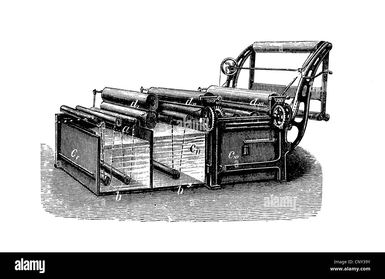 Finishing machine, broad loom, historical illustration, wood engraving, circa 1888 Stock Photo