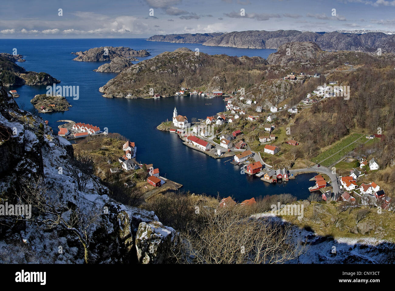 idyllic village in a rocky bay, Norway, Hidra, Kirkehamn Stock Photo