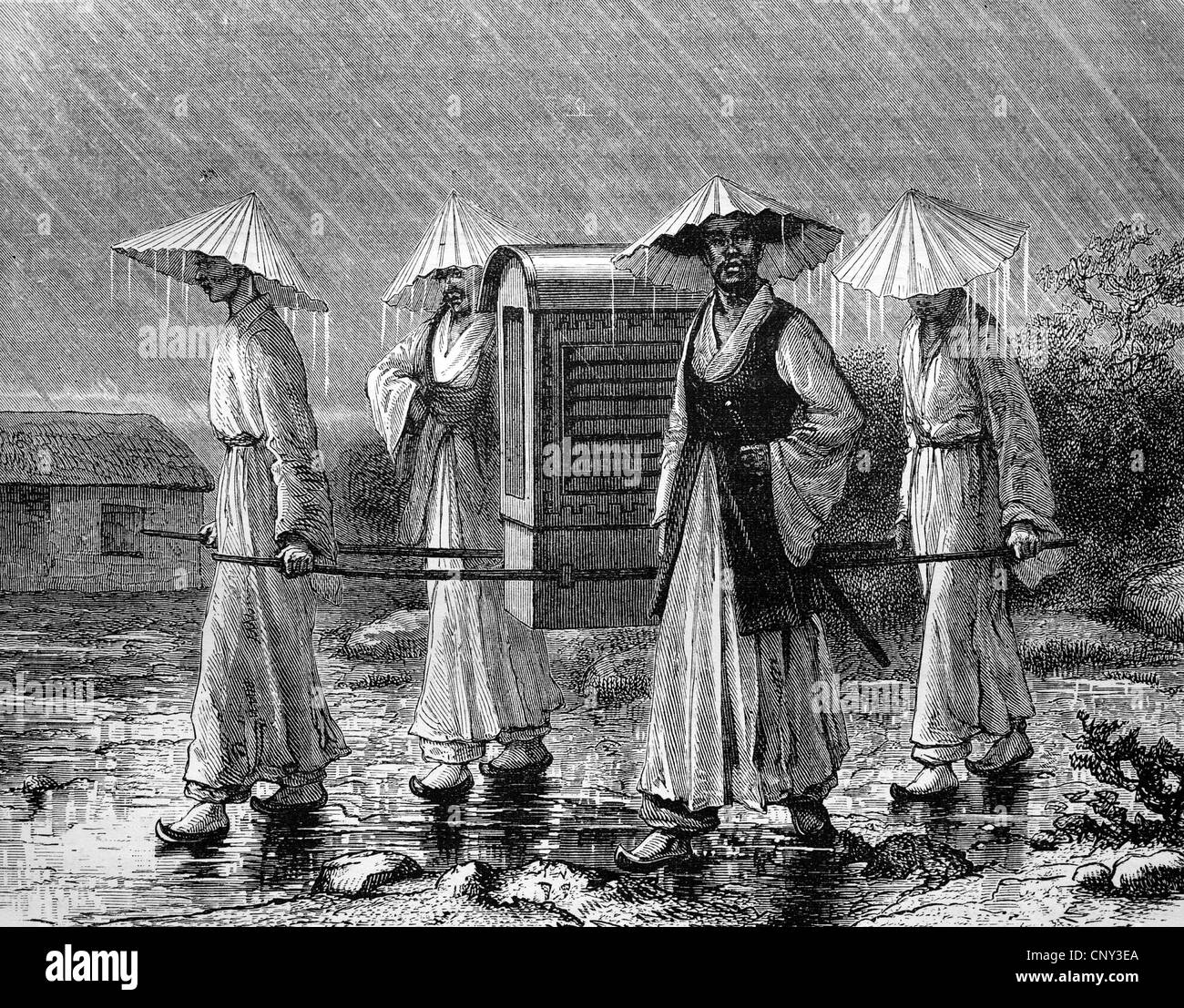 Palanquin or sedan bearers in Korea, historical illustration, wood engraving, circa 1888 Stock Photo