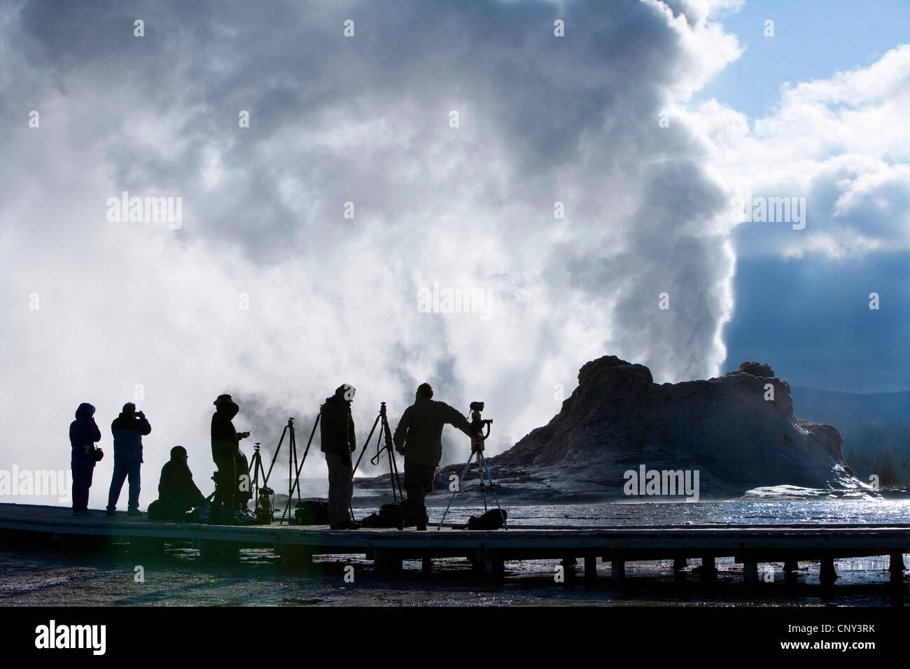 Photographers lined up  at the Castle Geyser at Old Faithful geothermal area, USA, Wyoming, Yellowstone National Park Stock Photo
