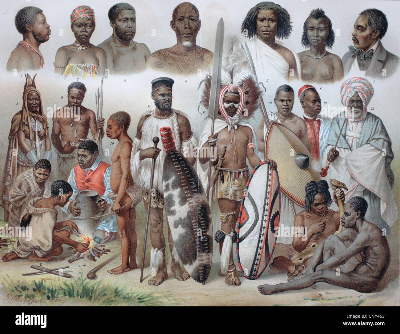 Ethnic groups of Africa: 1 Ashanti, 2 Loango woman, 3 Cameroon, 4 Baluba, 5 Somali, 6 Abyssinian woman, 7 Howa, 8 Herero women, Stock Photo