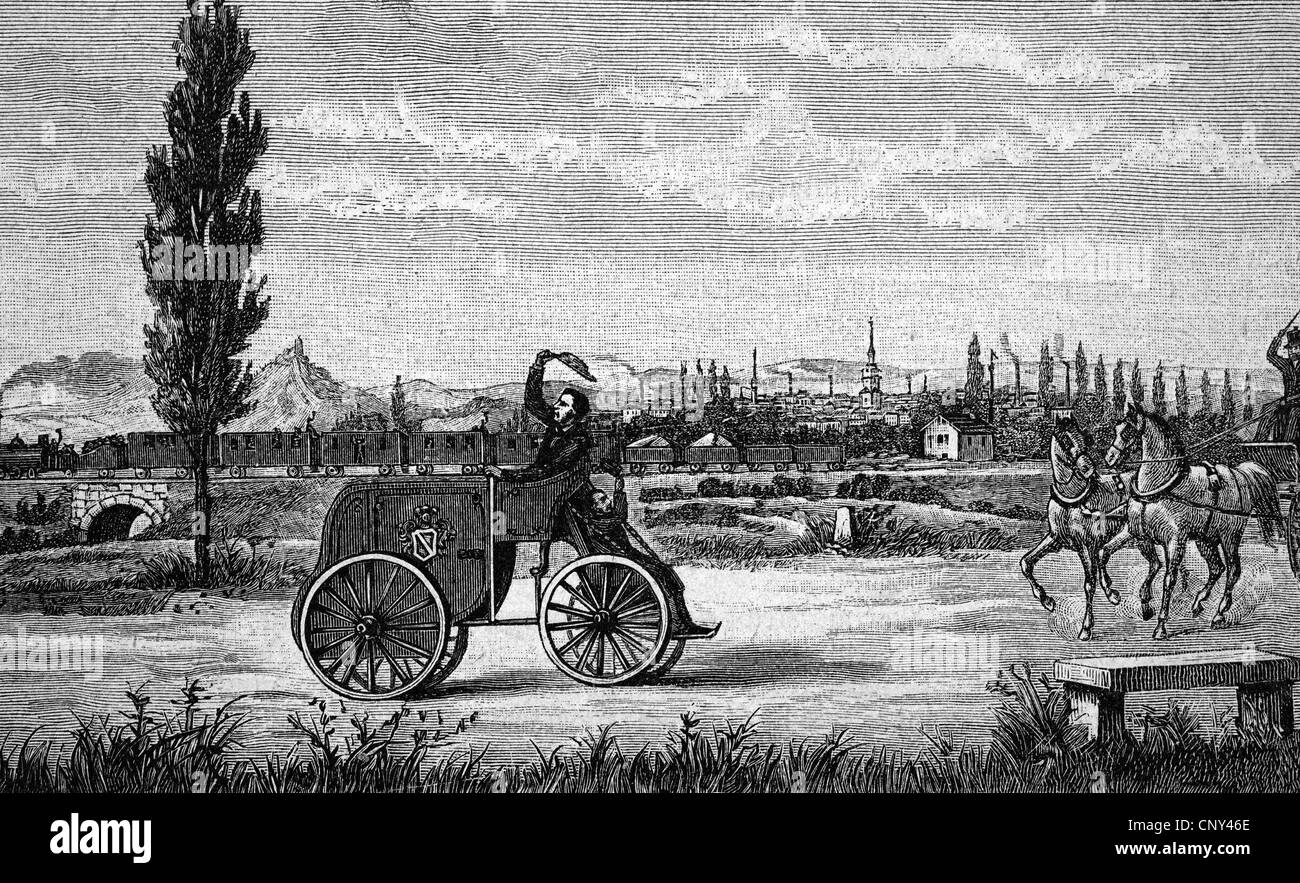 Kroener's driving machine of 1846, historical illustration, wood engraving, about 1888 Stock Photo