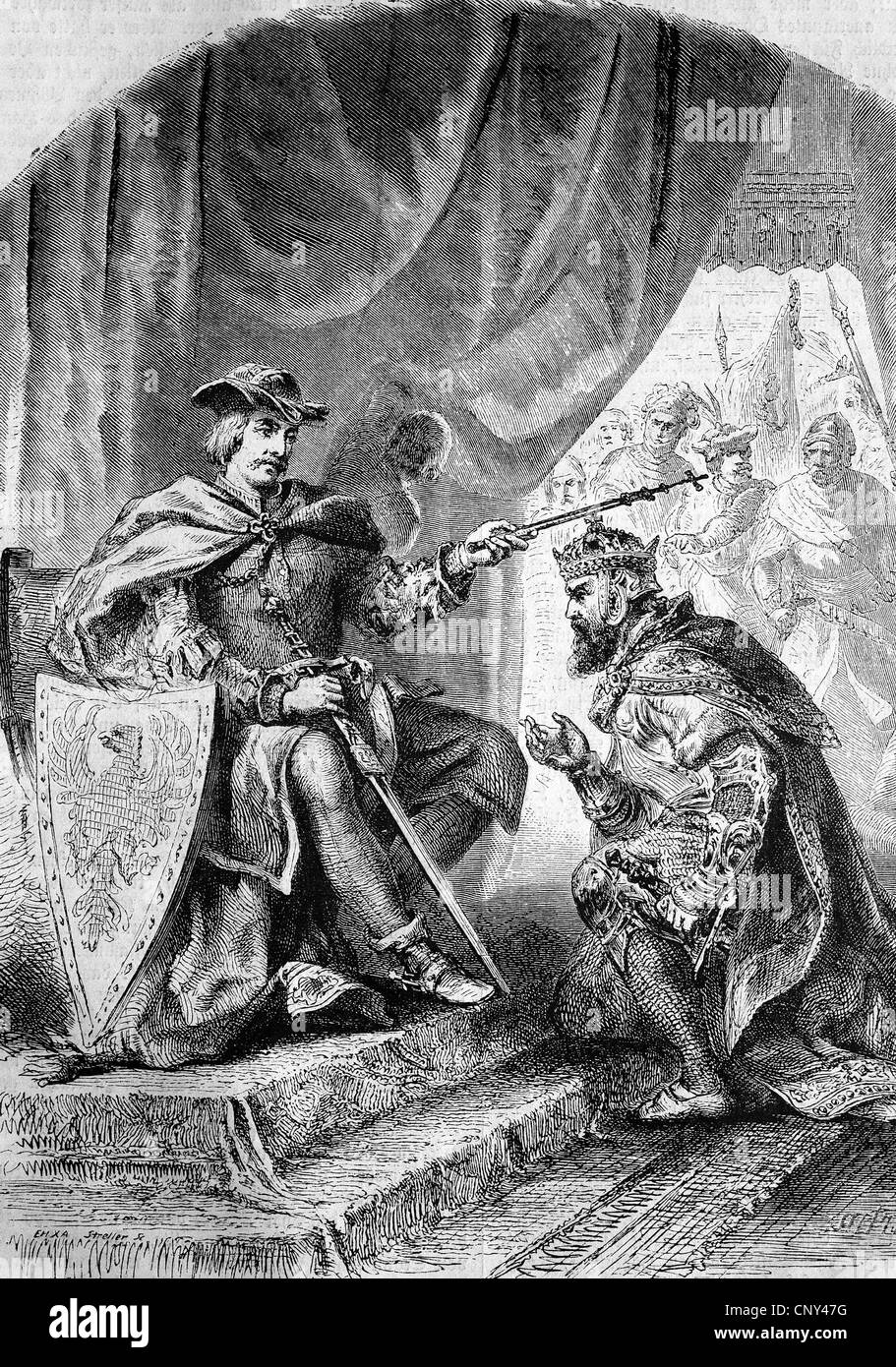 Ottokar of Bohemia paying homage in front of Rudolph of Hapsburg, historical wood engraving, circa 1888 Stock Photo