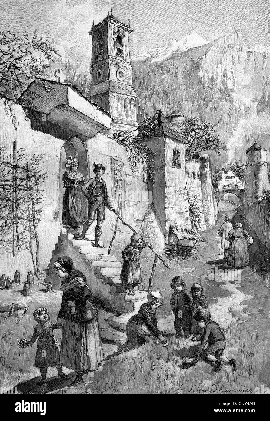 Easter morning in Austria, historical illustration, wood engraving, about 1888 Stock Photo