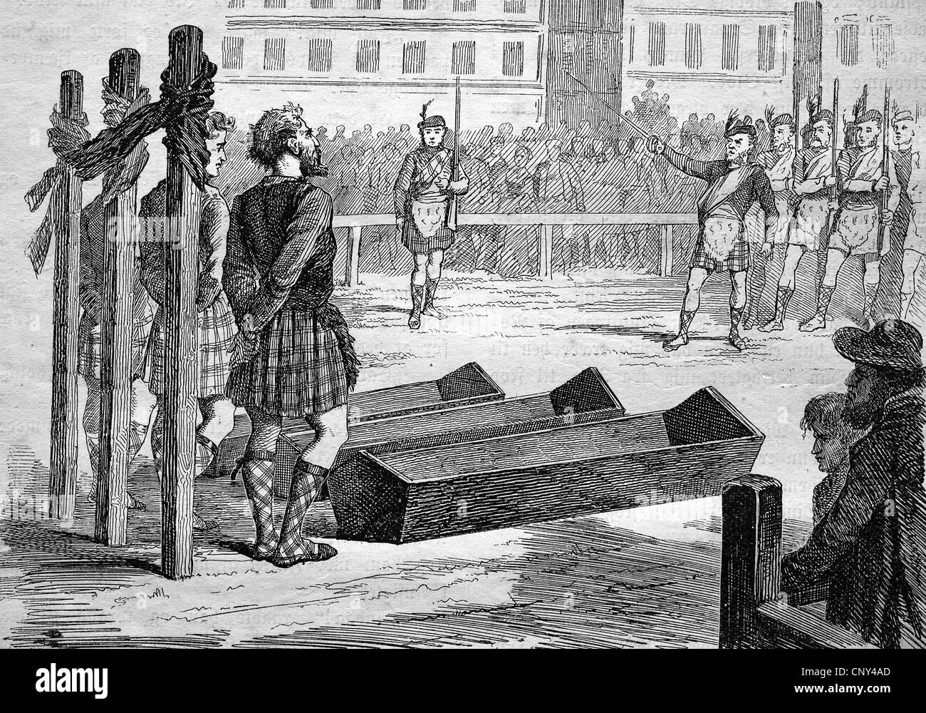 Execution by firing squad, historical wood engraving, circa 1888 Stock Photo