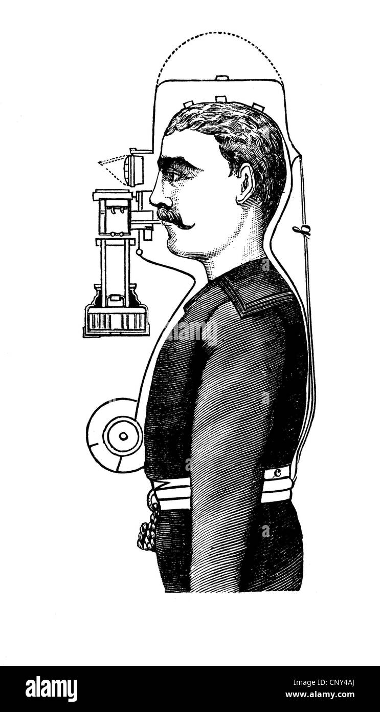 Occupational safety in 1880, smoke hood, historical illustration, wood engraving, about 1888 Stock Photo