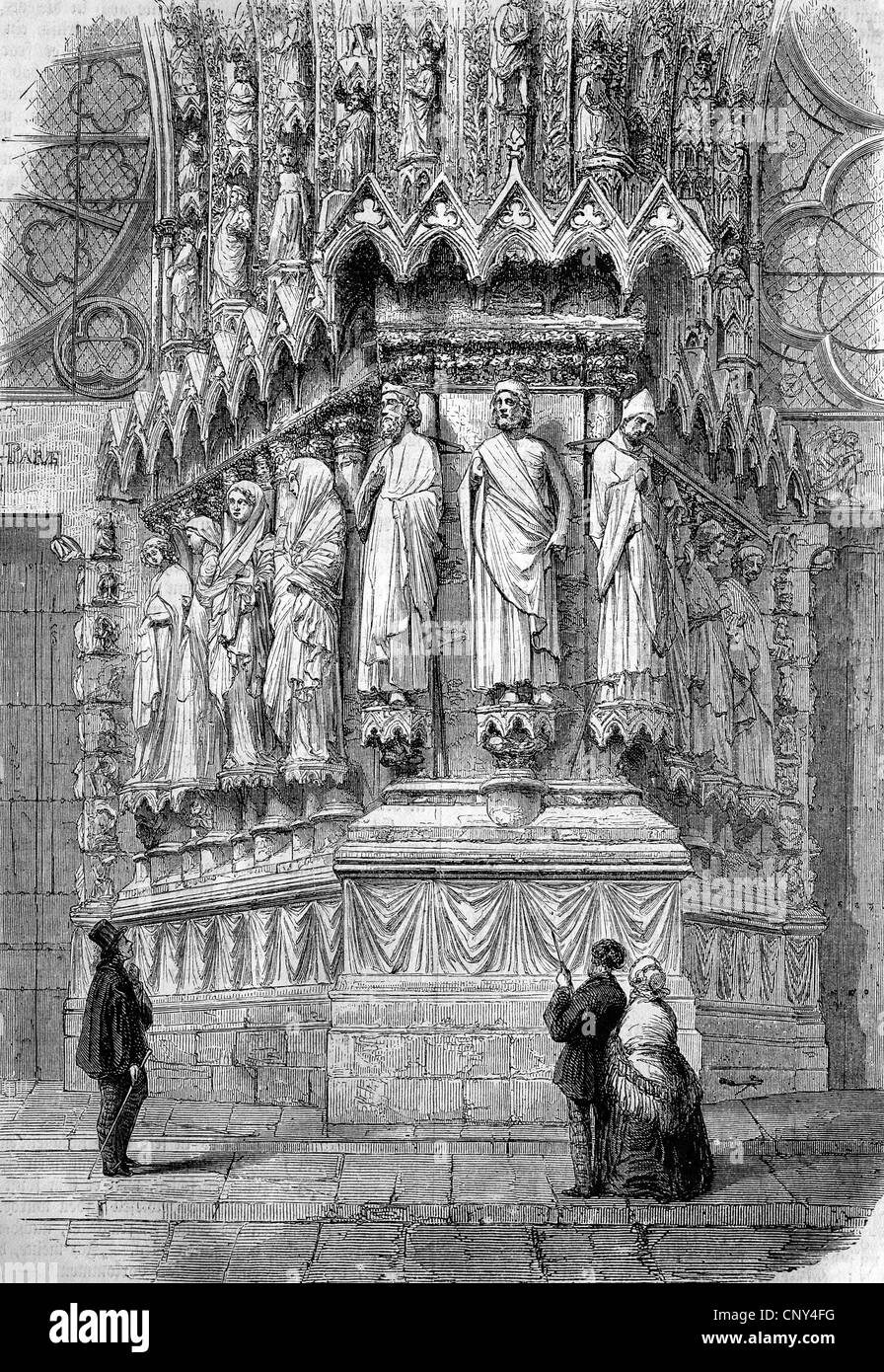 Portal of Reims Cathedral, France, historical wood engraving, circa 1888 Stock Photo