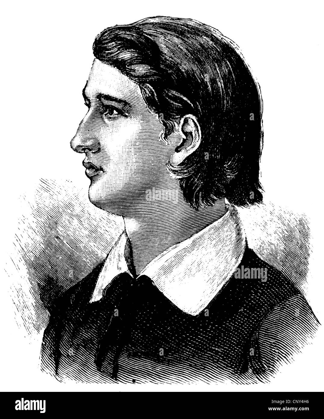 Franz Emanuel August Geibel, 1815 - 1884, a German poet, as a teenager, historical illustration, wood engraving, about 1888 Stock Photo