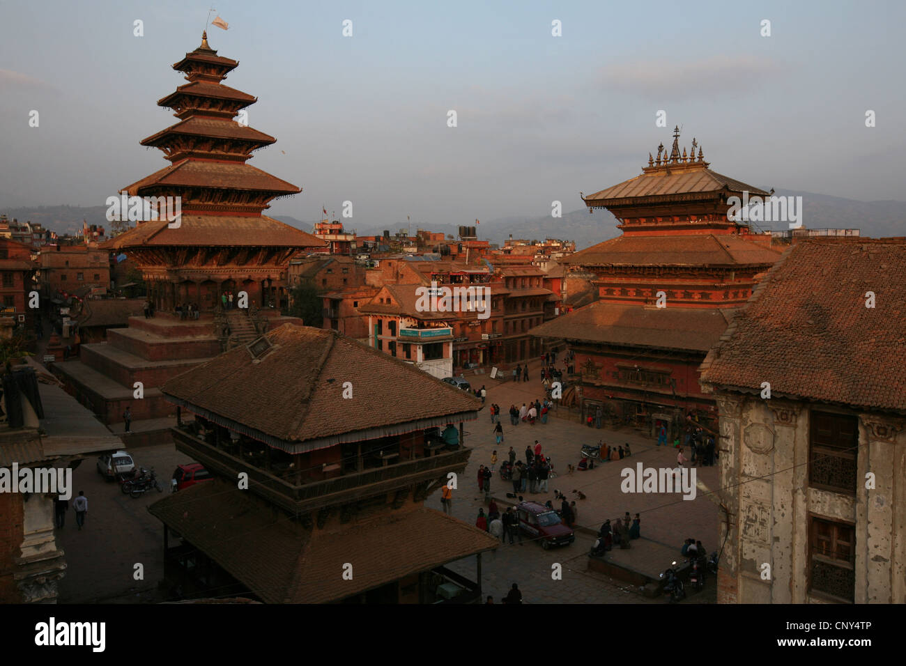 Five-roofed Nyatapola Pagoda at Taumadhi Tol square in Bhaktapur, Nepal. Bhairabnath Mandir Temple is seen at the right. Stock Photo