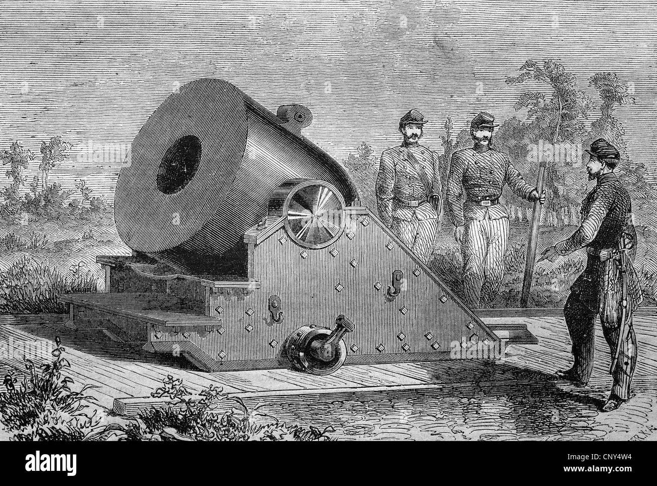 The colossal mortar, a cannon, an American invention, historical wood engraving, circa 1888 Stock Photo